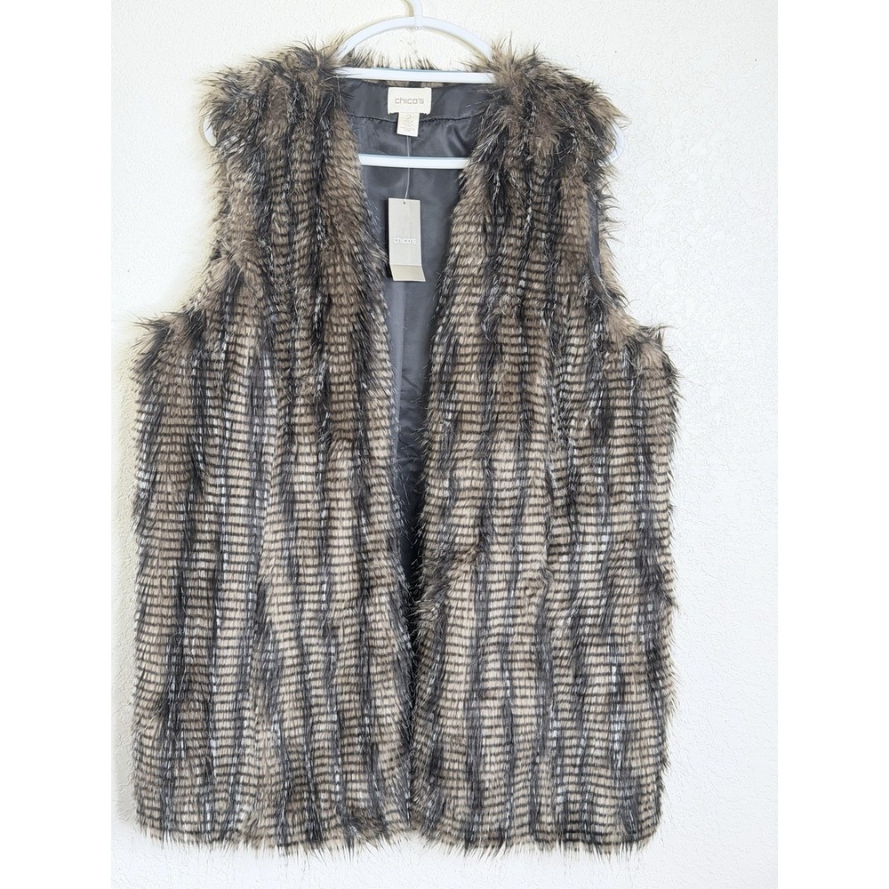 Chico's 2 Extravagant Faux Fur Vest Women's Size L Brown Black Striped NWT$169